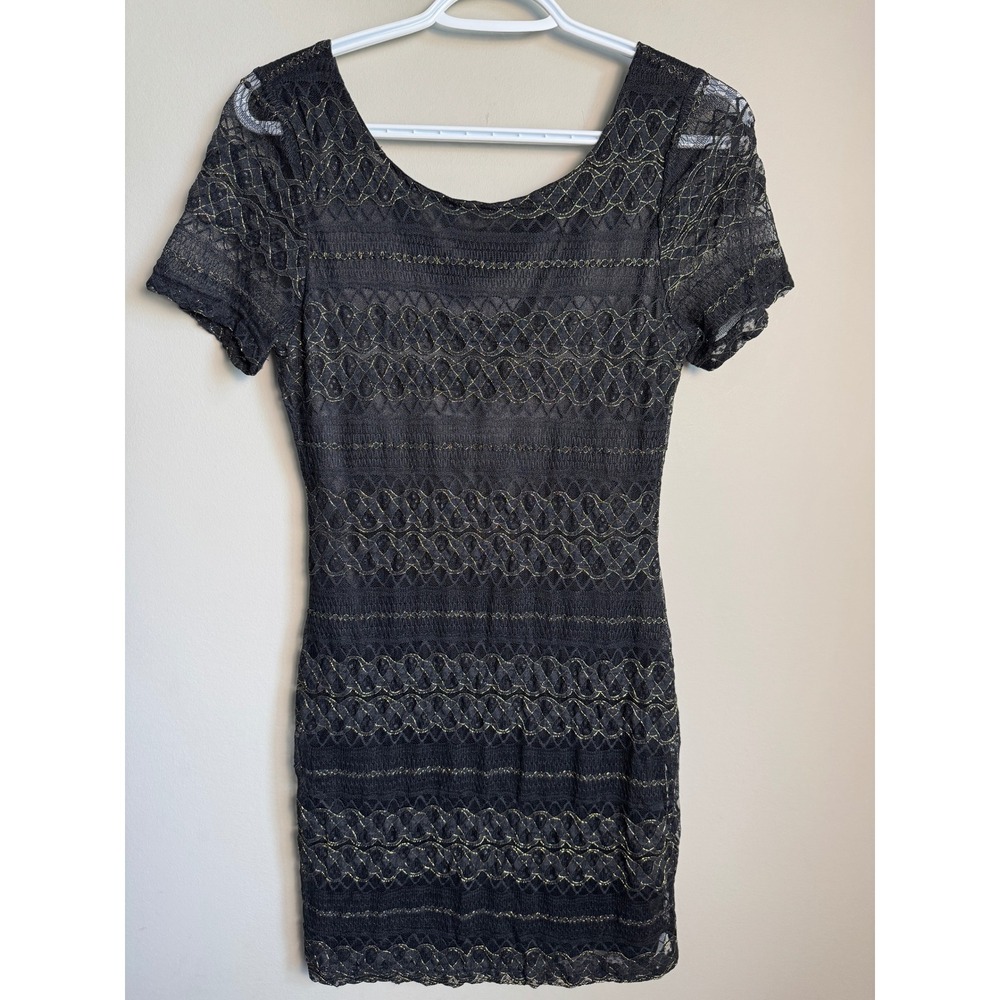 XXI Forever 21 Black Gold Lace Short Sleeve Bodycon Mini Dress M Party Glam Goth